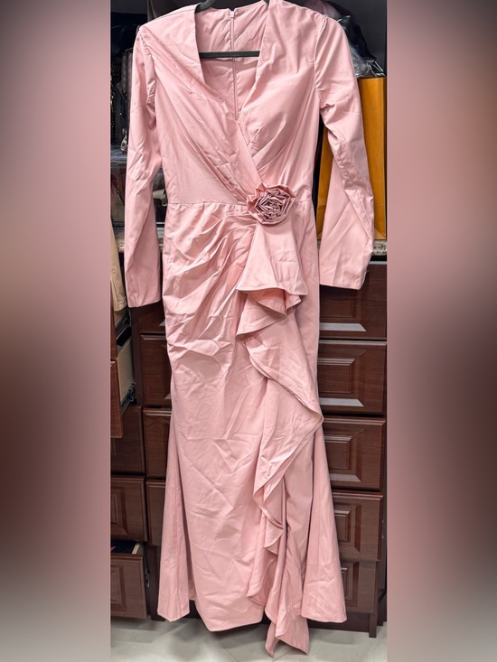 Dresses & Skirts - Elegant Pink Long Sleeve Wrap Dress with Rosette Detail